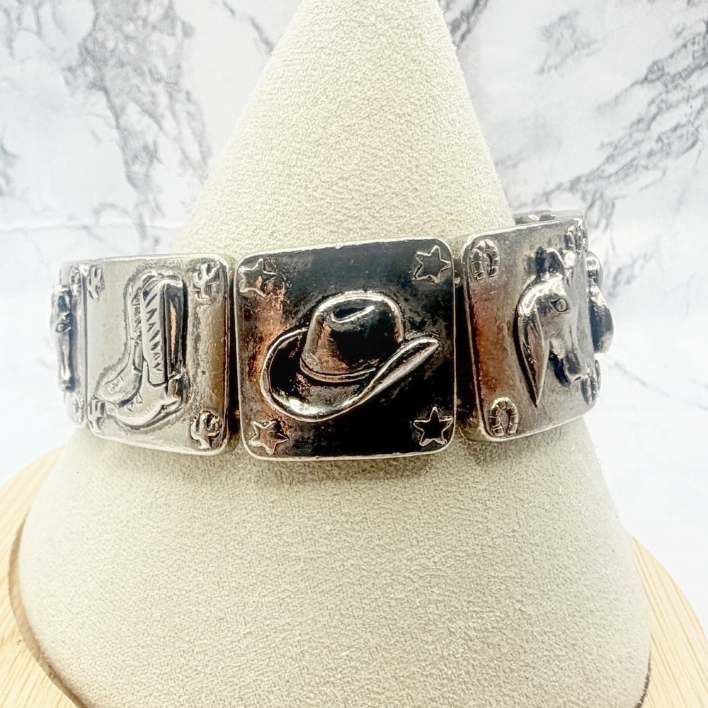 Western Cowboy Stretch Bracelet Silver Tone Horse Boots Hat Wide Panels
